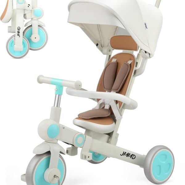 61R2hbZYo8L._AC_SL1500_ JMMD - Triciclo para bebé, multifuncional 7 en 1 con mango ajustable para padres, arnés de seguridad y frenos de rueda, toldo extraíble, triciclo para niños y niñas de 18 meses a 5 años, color menta