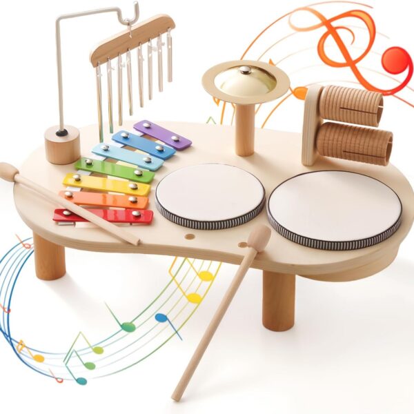71T9RmTjKGL._AC_SL1500_ Promise Babe Juego de batería de madera para niños pequeños de 1 a 3 años, instrumentos de percusión musical para niños, juego de batería para bebés